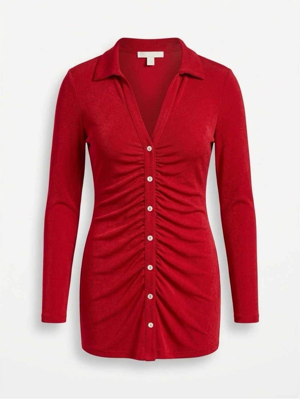 Peach Love California Red Ruched Button-Front Long Sleeve Shirt
